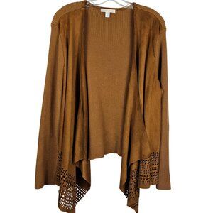 Womens 3X Open Front Brown Cardigan Faux Suede Laser-Cut Hem Stretch Long Sleeve